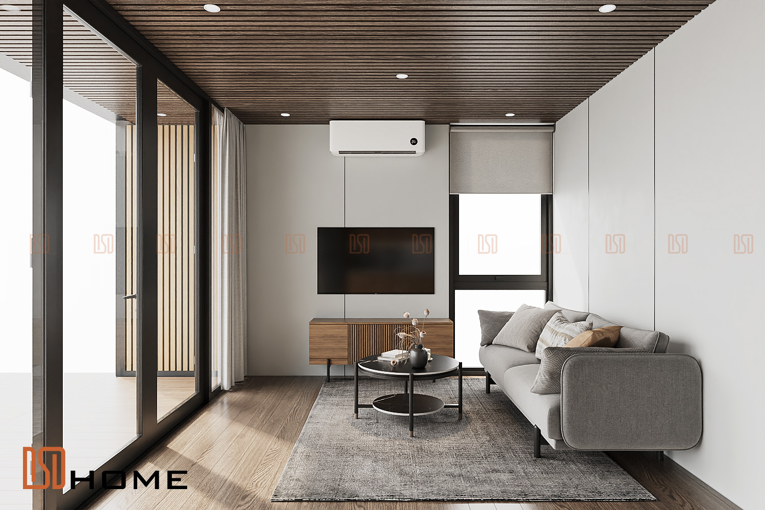 Phòng khách Tone màu gỗ óc chó