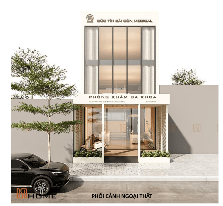 Toàn cảnh công trình phòng khám tại Lâm Đồng sử dụng khung thép G550 3 tầng với tổng diện tích 509.2m²